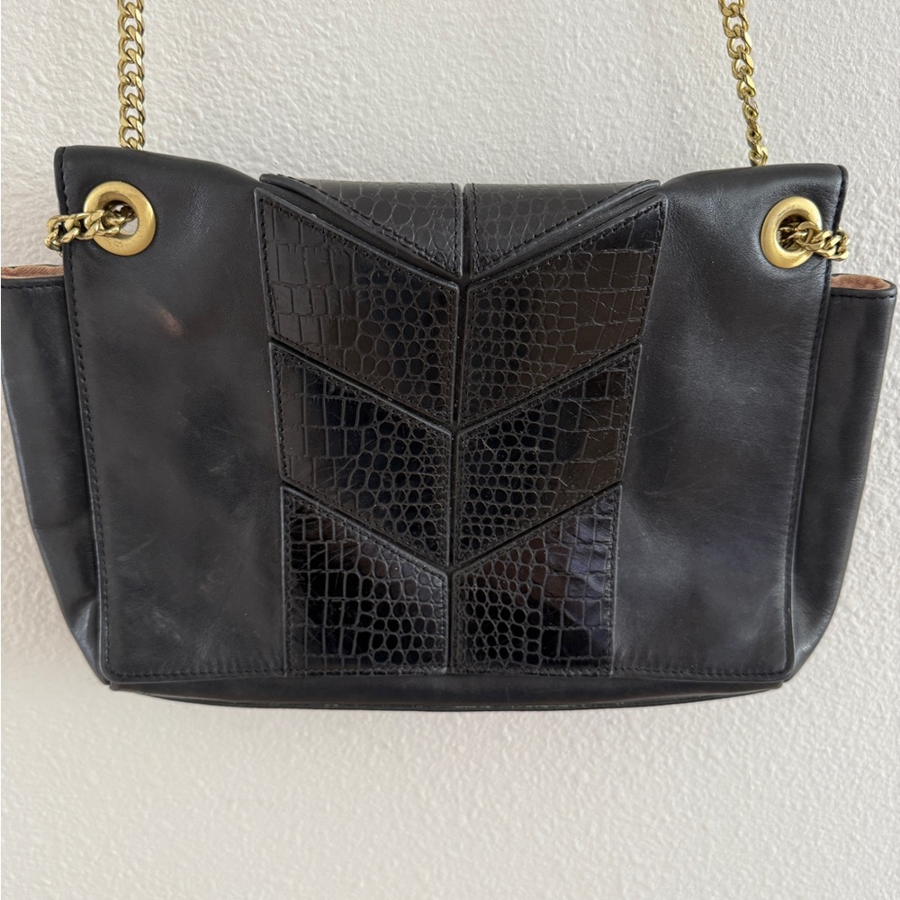 Reiss Black Croc-Embossed Shoulder Bag with Gold Chain